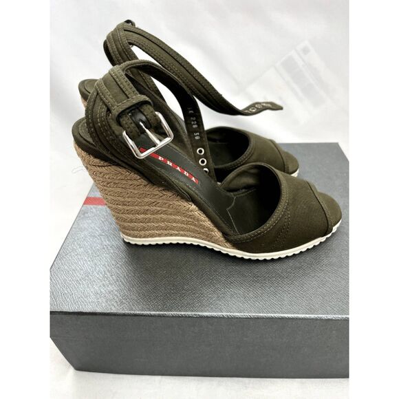 Prada Open Toe Wedge Sandals Olive Green EU 38 US 7.5 Espadrille Platform - Picture 4 of 11